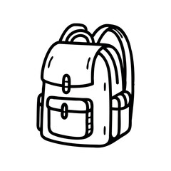 A simple line drawing of a backpack with a front pocket and two side pockets. The design is minimalistic and suitable for various uses.