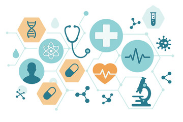Fototapeta premium A medical background featuring flat icons and symbols in an abstract style, serving as a template design that embodies the concept and idea of healthcare technology and innovative medicine