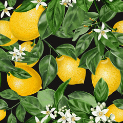  Seamless pattern with lemons. Citrus flowers on a branch with leaves and fruits. Vintage summer pattern for fabric. Small white flowers. Watercolor illustration on a dark background. Hand drawn.