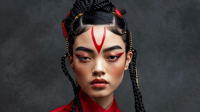 stunning young asian woman with intricate braided hairstyle and bold makeup showcasing cultural beauty in a striking red outfit against a textured gray background
