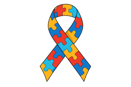 A vibrant satin ribbon with a puzzle pattern serves as a symbol for autism awareness, depicted in a vector illustration set against a white background - Powered by Adobe