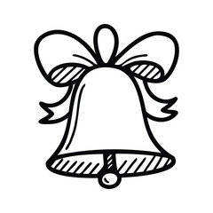 A simple hand-drawn bell with a bow on top. The bell is outlined in black and has a classic design, suitable for holiday decorations.