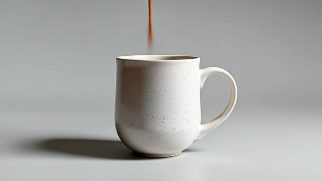 A simple white ceramic mug with subtle speckles placed on a plain, light gray background.