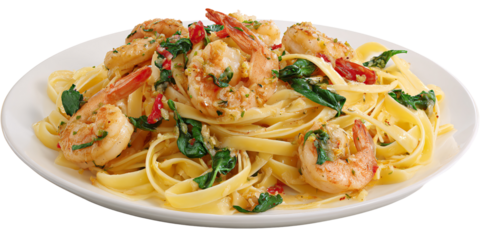 Delicious Shrimp Scampi Pasta with Spinach and Tomatoes on a White Plate Closeup of Italian Cuisine, Seafood Dish, and Gourmet Meal