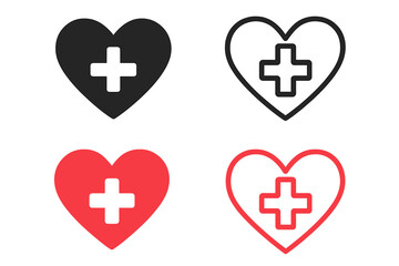 Vector icon featuring a heart shape with a cross inside, available in four distinct styles