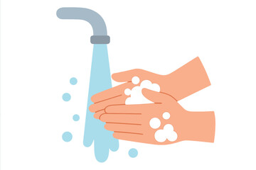An illustration of handwashing is depicted, showcasing water and the act of washing hands for cleaning purposes, representing a hygiene concept, and is available as a vector illustration for use in