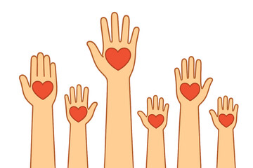 Obraz premium The concept of charity, volunteering, and donating is represented by raised human hands with red hearts, along with children's hands holding heart symbols