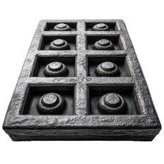 Iron manhole cover with raised circular details in rectangular shape, isolated on transparent background