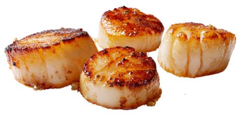 Delicious pan seared scallops with golden brown crust, served as gourmet seafood appetizer or main course on black background Concept of fine dining and healthy eating
