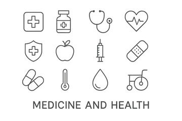 Minimal thin line web icons for Medicine and Health symbols are presented in a simple vector illustration set
