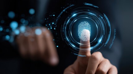 A person touches a high-tech fingerprint scanner interface with digital circular holograms highlighting biometric security.