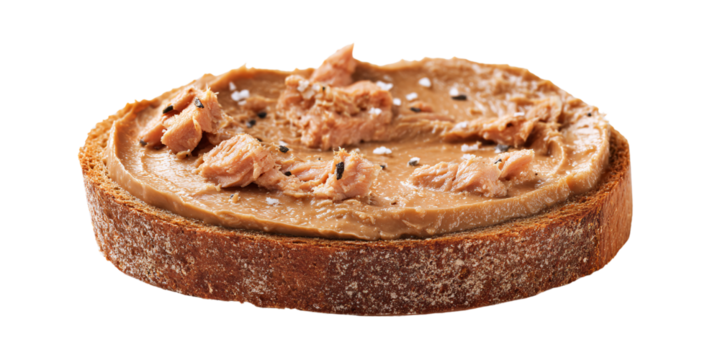 Tuna and peanut butter sandwich on dark bread, an unusual food combination Concept of weird food, culinary oddity, and food pairing