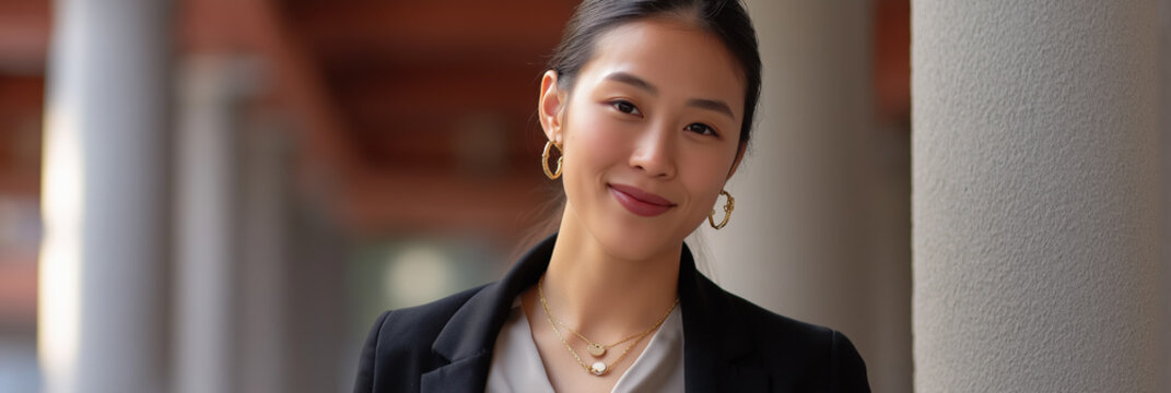 A woman wearing a black jacket and gold earrings is smiling. She is standing in front of a pillar