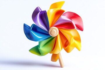 Rainbow pinwheel spinning joyfully a symbol of childhood dreams on a white in white background. Generative Ai
