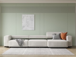 Mock up of an elegant living room with a light comfortable sofa and a trendy decorative background, 3D rendering.