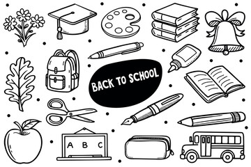 A collection of back-to-school items including a backpack, books, apple, pencil, scissors, and a school bus, all illustrated in a doodle style.