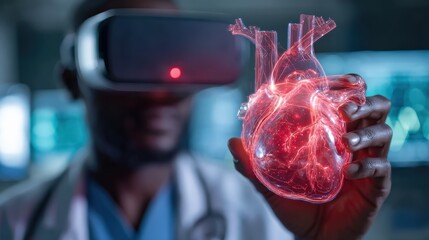 A person wearing VR goggles interacts with a holographic 3D model of a human heart, showcasing advanced medical technology and virtual reality integration.