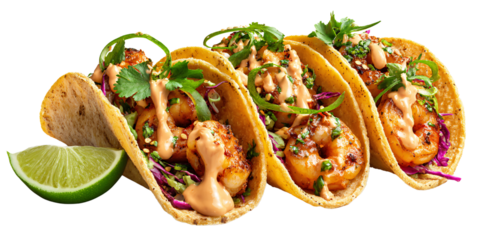 Delicious shrimp tacos with spicy sauce, cilantro, and lime Closeup of gourmet seafood tacos on a black background Concept of Mexican food, cuisine, and restaurant