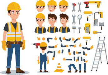 Construction Worker Character Set: Versatile Builder with Tools and Accessories for Design Projects