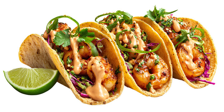 Delicious shrimp tacos with spicy sauce, cilantro, and lime Closeup of gourmet seafood tacos on a black background Concept of Mexican food, cuisine, and restaurant