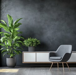Modern interior featuring plants and stylish furniture against a dark wall.