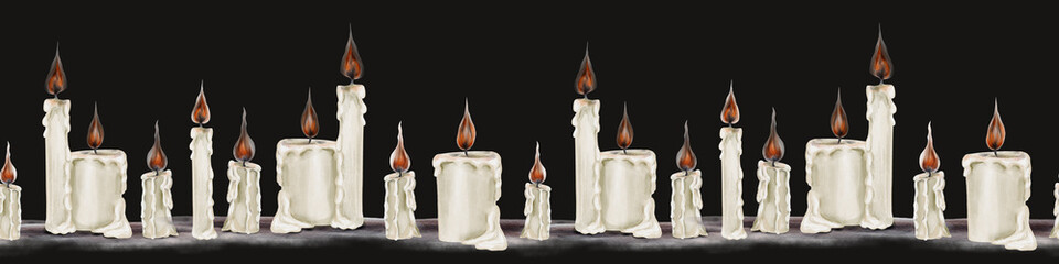  Seamless border of gothic candles. White candles long and short burn. Wax melts. Candles stand on thematic surface. Watercolor illustration on dark background. Hand drawing.