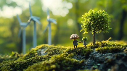 A whimsical figure interacts with nature near wind turbines.