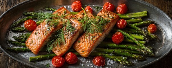 Grilled salmon fillets served on a platter with asparagus, cherry tomatoes, dill, and coarse sea salt on a rustic wooden table.
