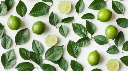 Green limes and leaves arranged artistically on a light surface.