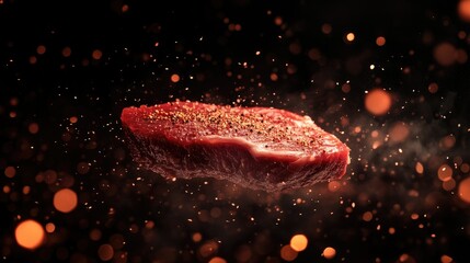 Fototapeta premium Freshly Seared Steak on a Dark Background Surrounded by Glowing Sparks and Smoke, Perfect for Culinary and Food Photography Projects