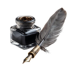 A close up shot of an inkwell with black ink and a feather quill pen on a black background on transparent background