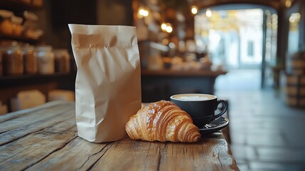 Cozy café scene with coffee, croissant, and a paper bag on wooden table.