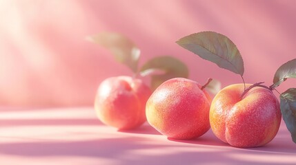 Fresh apples with leaves on a pink background.