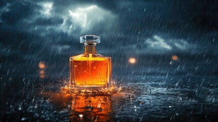 Elegant perfume bottle with amber liquid surrounded by rain and dark stormy clouds, creating a dramatic and captivating atmosphere in a photo