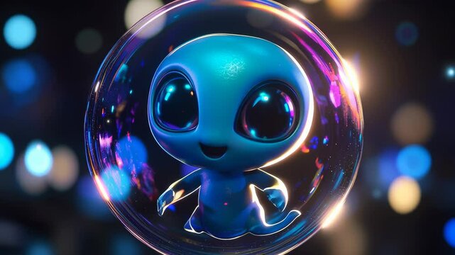 cute blue alien character inside a shimmering bubble surrounded by colorful lights, evoking a sense of wonder and imagination in a playful environment