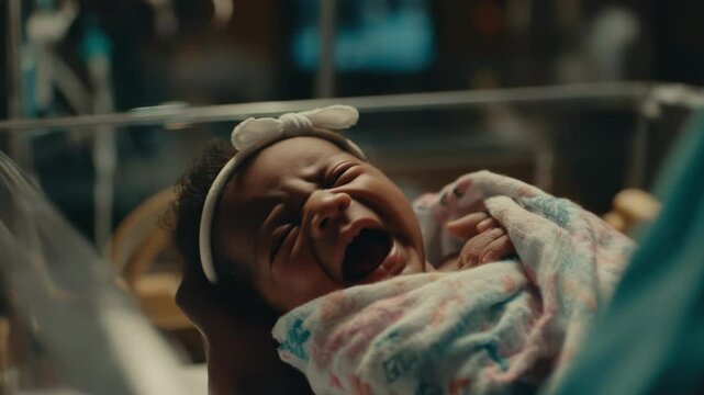 Newborn baby expressing emotion in a hospital bassinet moment of life