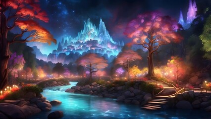 A glowing enchanted forest with radiant rivers of light, fantasy and mythology desktop wallpaper backdrop, cinematic HDR vibrant theme colors, promo movie sales poster banner book cover background