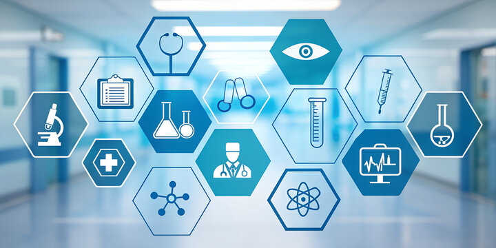 Medical icons in hexagonal shapes overlayed on a blurred hospital corridor background