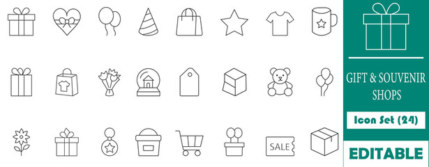 Versatile line icon set for gift & souvenir shops, e-commerce, and celebration themes. Includes presents, shopping bags, party hats, balloons, and more – perfect for modern designs.