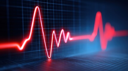 A glowing red electrocardiogram heartbeat line displayed on a dark digital grid background, symbolizing heart activity monitoring.