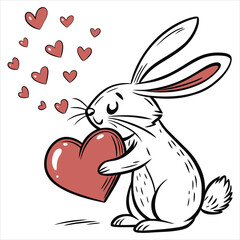 Cute Bunny Holding Heart with Love Symbols, Valentine's Day Cartoon Illustration