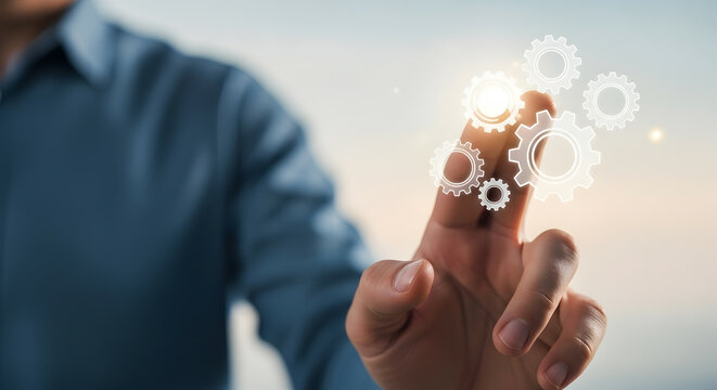 Man Touching Digital Gears, Technology