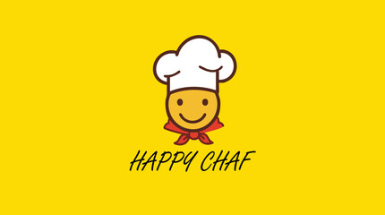 Two happy chef logos with smiling faces and chef hats on a yellow background, ideal for food and restaurant themes.
