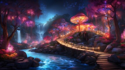 A glowing enchanted forest with radiant rivers of light, fantasy and mythology desktop wallpaper backdrop, cinematic HDR vibrant theme colors, promo movie sales poster banner book cover background