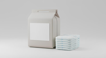 Blank diaper packaging with stacked diapers isolated, 3d rendering, Isolated baby product branding, parenting ecommerce template.