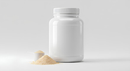 Blank, empty protein supplement tub mockup, with scoop and powder isolated, 3d rendering, Isolated fitness branding, gym nutrition template.