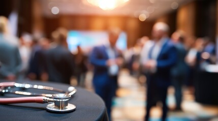 A stethoscope rests on a table at a blurred professional networking event, suggesting a medical or healthcare conference setting.