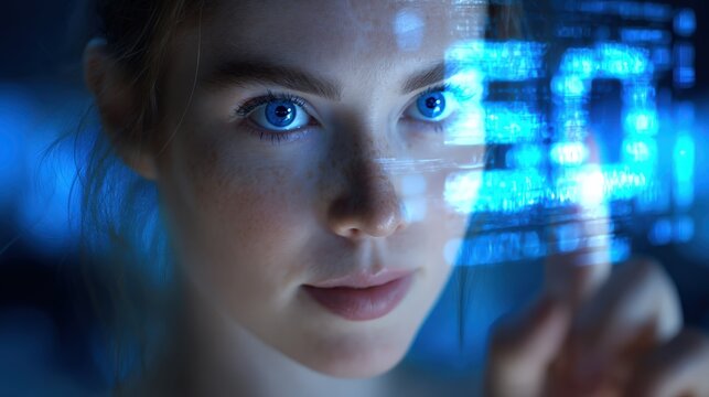 A close-up of a woman's face illuminated by blue digital holographic data, showcasing futuristic technology and human-computer interaction.