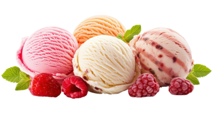 Four scoops of ice cream representing summer flavors including bright strawberry, colorful tutti frutti, isolated on a white background.