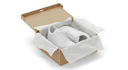Blank, empty sneaker mockup, inside open shoebox perspective view with tissue paper isolated, 3d rendering, Isolated unboxing branding template.